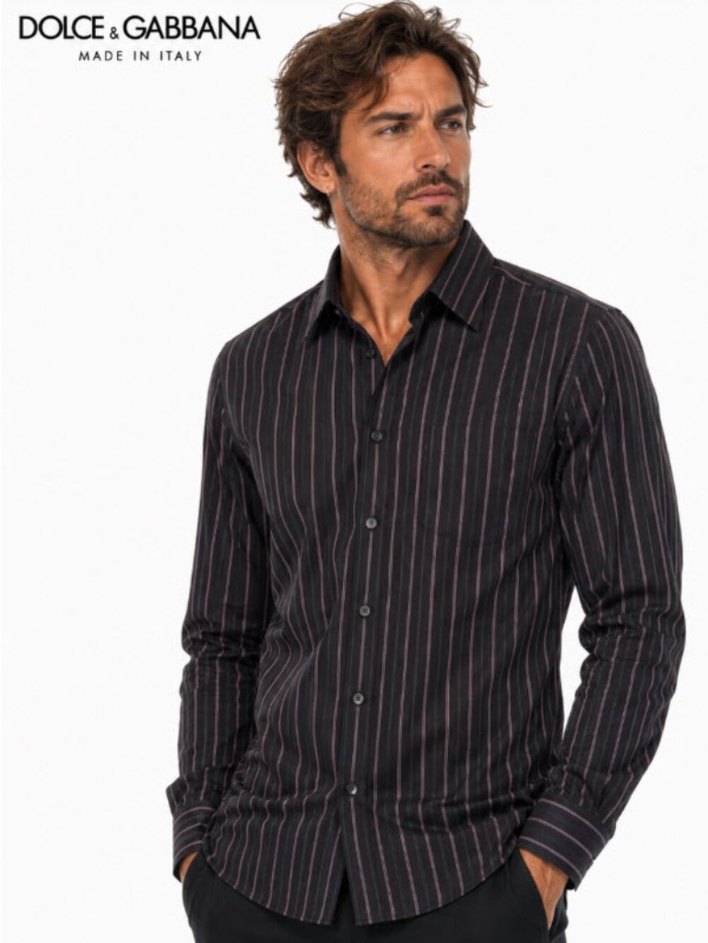 Dolce & Gabbana Black Stripe Dress Shirt Pink Grey Cotton Size 16 Italy